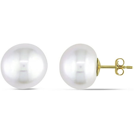 Miabella 12-13mm White Button Cultured Freshwater Pearl 14kt Yellow Gold Stud Earrings