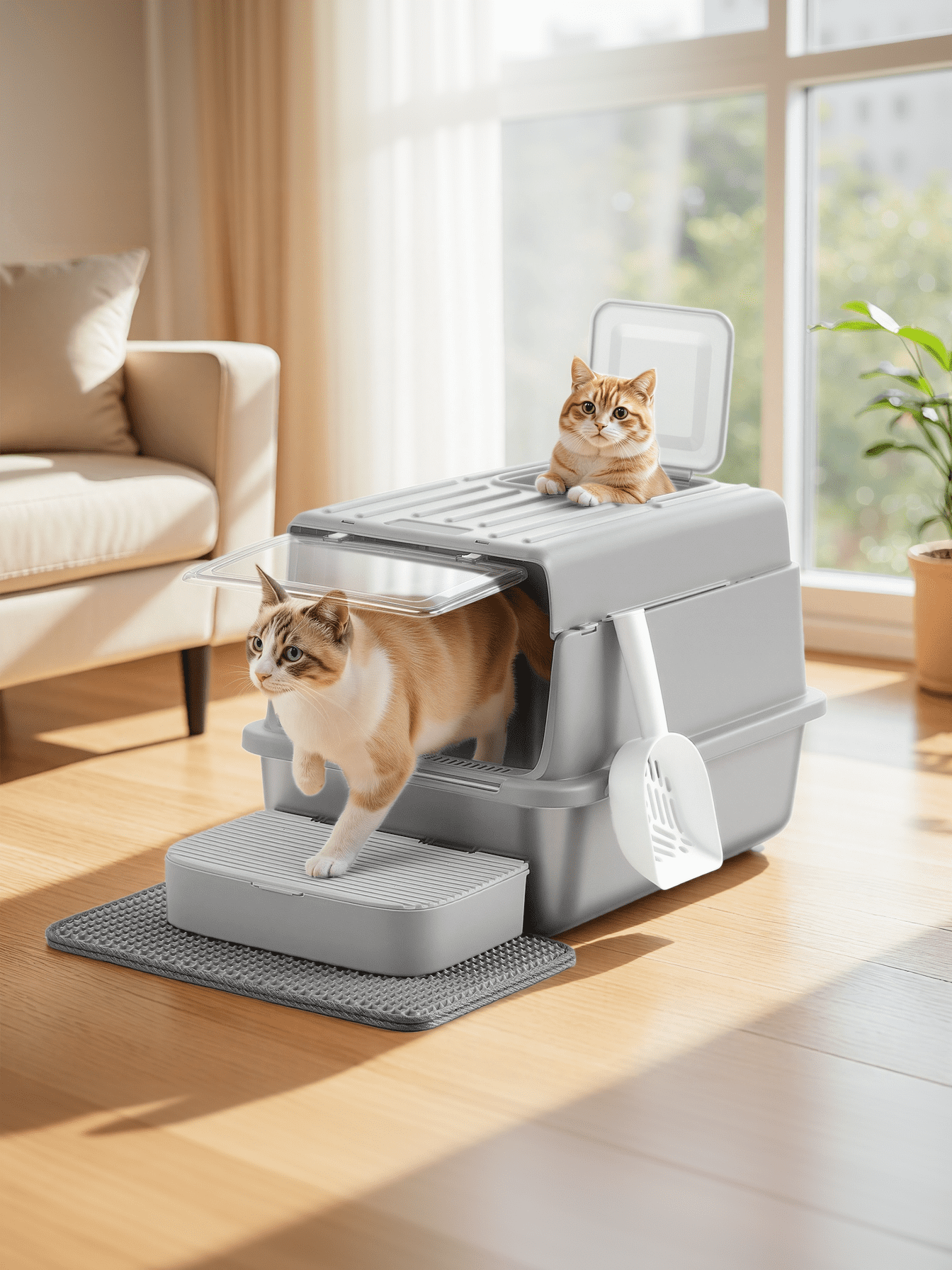 LEDREM Stainless Steel Cat Litter Box with Flip Lid and Litter Catcher, 2-Door Enclosed Litter Box for Cats up to 33 lb, Light Gray