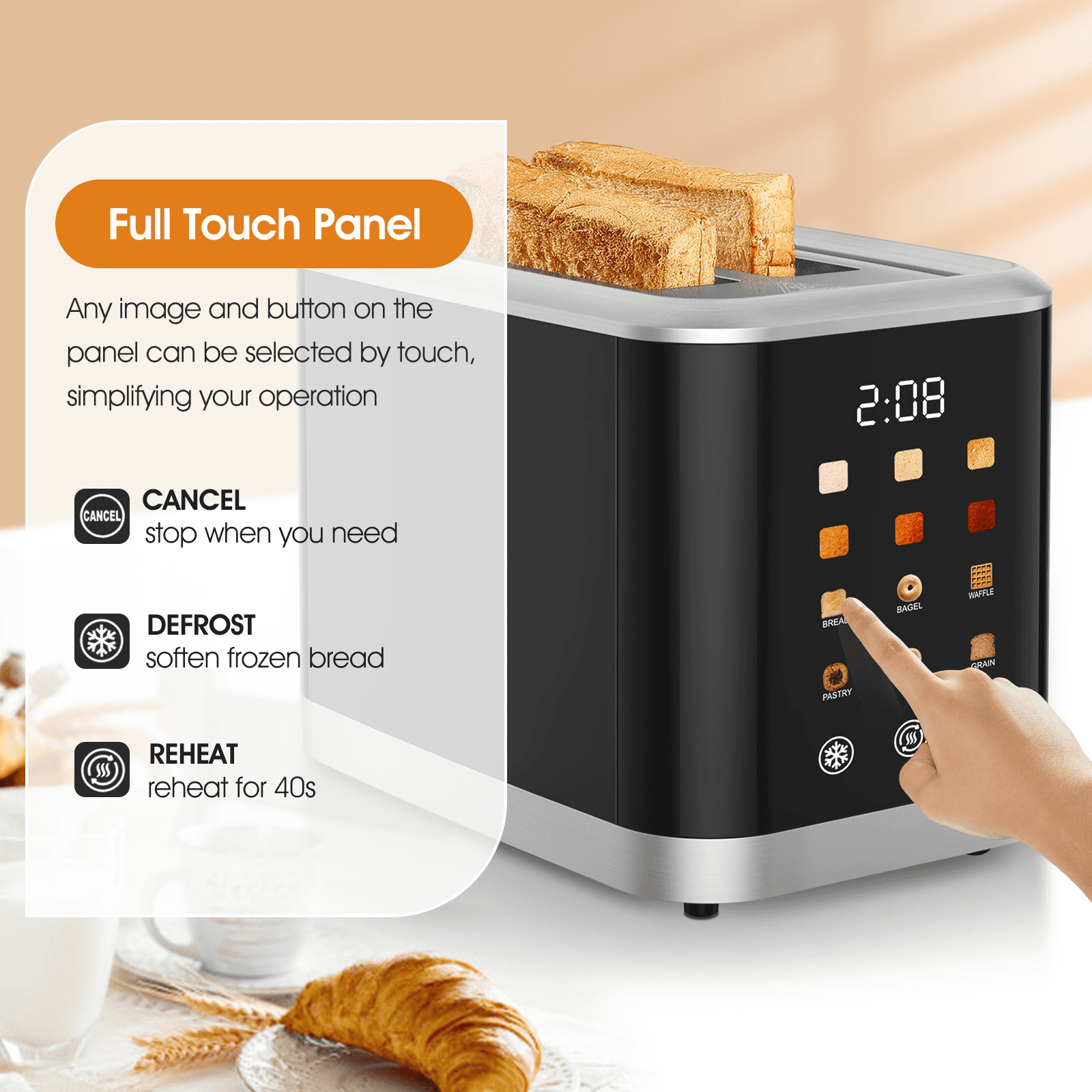 2 Slice Touch Screen Toaster | 1.5 Inch Wide Slot for Bread, English Muffins, Croissants, Bagels | 5 Adjustable Toast Settings, Cancel and Defrost, Supports 6 Bread Types and Shade Settings
