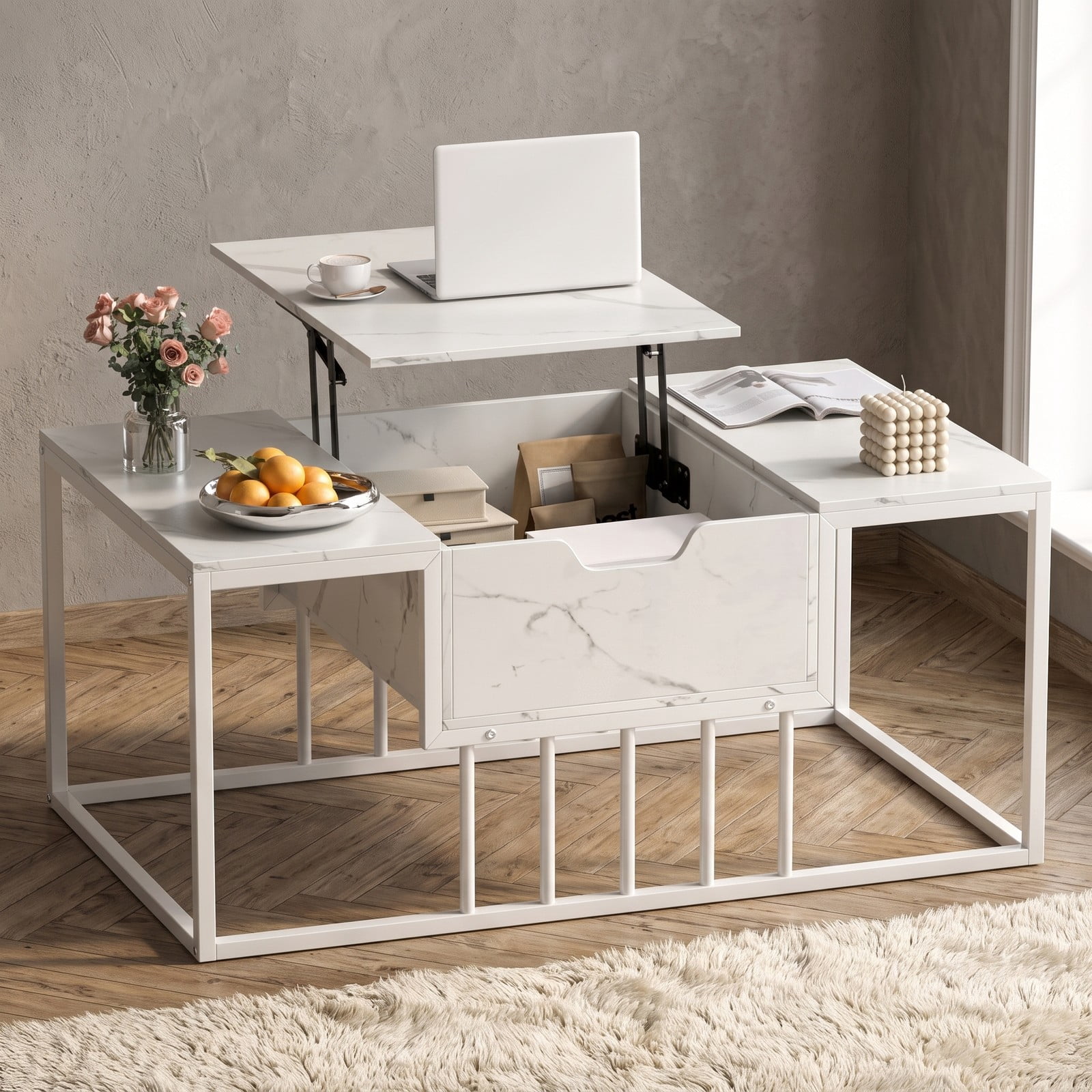 Furnibear Lift Top Coffee Table with Hidden Storage Compartment, Modern Center Table for Living Room, Adjustable Height Rising Tabletop, Engineered Wood and, White