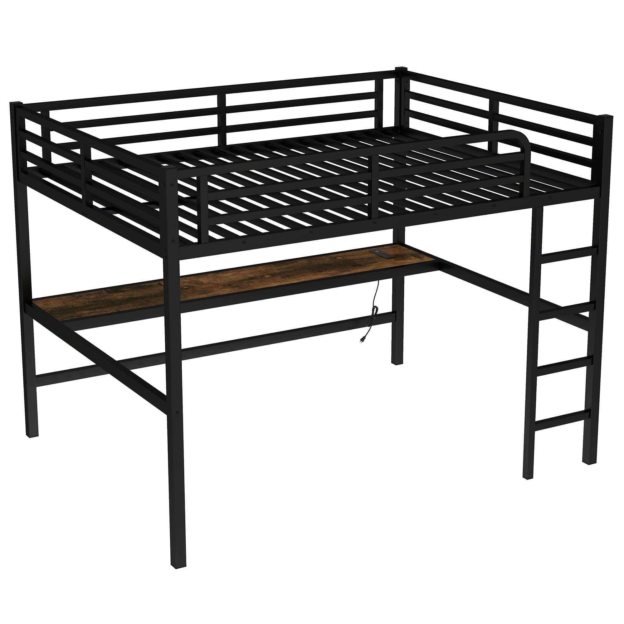 Mintazer Queen Size Metal Loft Bed with Power Outlet Desk and LED Lighted for Bedroom Furniture, Black