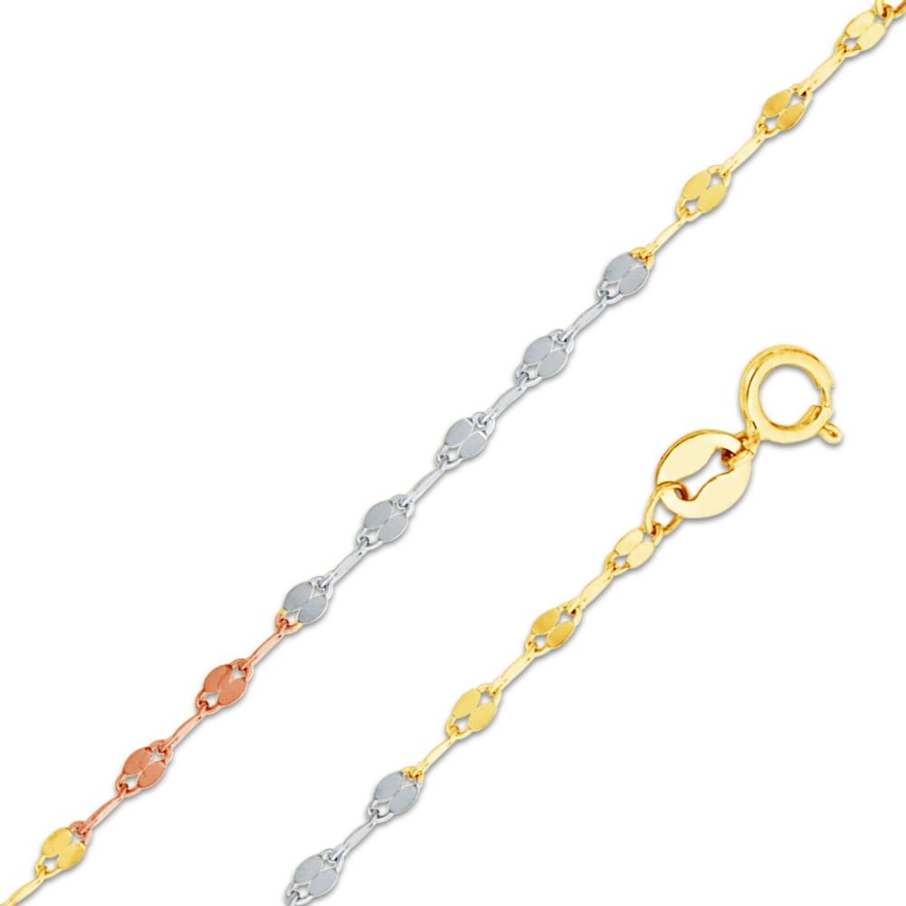 Ioka 14K Tri Color Solid Gold 1.8mm Figaro 3+1 Concave Chain Necklace with Spring Ring Clasp