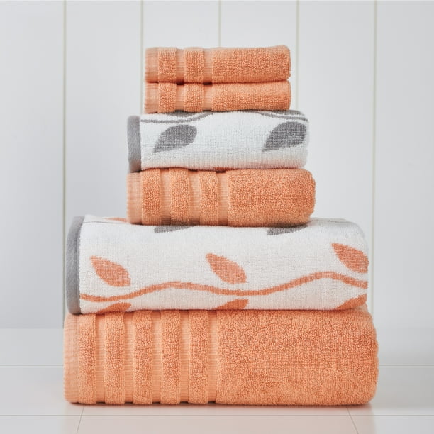6 Piece Yarn Dyed Towel Set, Organic Vines, Coral