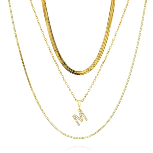 JeenMata Juego de 3 Collares con Dije Inicial 'M' Collar con Capas con Inicial para Mujer Bañado en Oro Amarillo, para Aniversario, Cumpleaños y Navidad