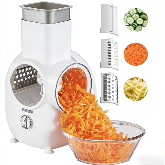 iFCOW Electric Cheese Grater Salad Shooter with 3 Interchangeable Blades, Multi Slicer Shredder for Cheese Fruits Veggies Nuts, White US Plug