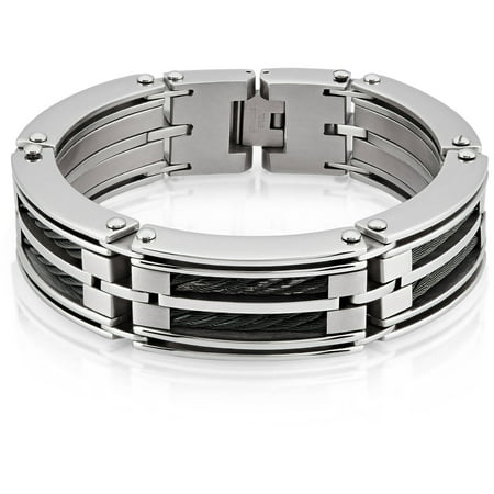 Crucible Stainless Steel Black Cable Inlay Link Bracelet, 8.5, 19.1mm