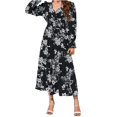 thumbnail image 2 of Pisexur Robe à Manches Longues à Col en V Mode Femme Col en V Manches Longues Robes Plissées Unies Robe Femme, 2 of 8