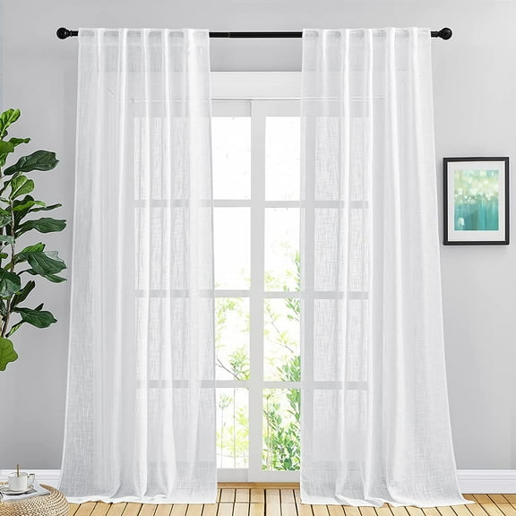 KFHARS-White Linen Sheer Bedroom Curtains 90 inches Long, Rod Pocket & Back Tab Semi Sheer Privacy with Light Filtering Bedroom Window Treatments for Farmhouse, W42 x L90, 2 Panels