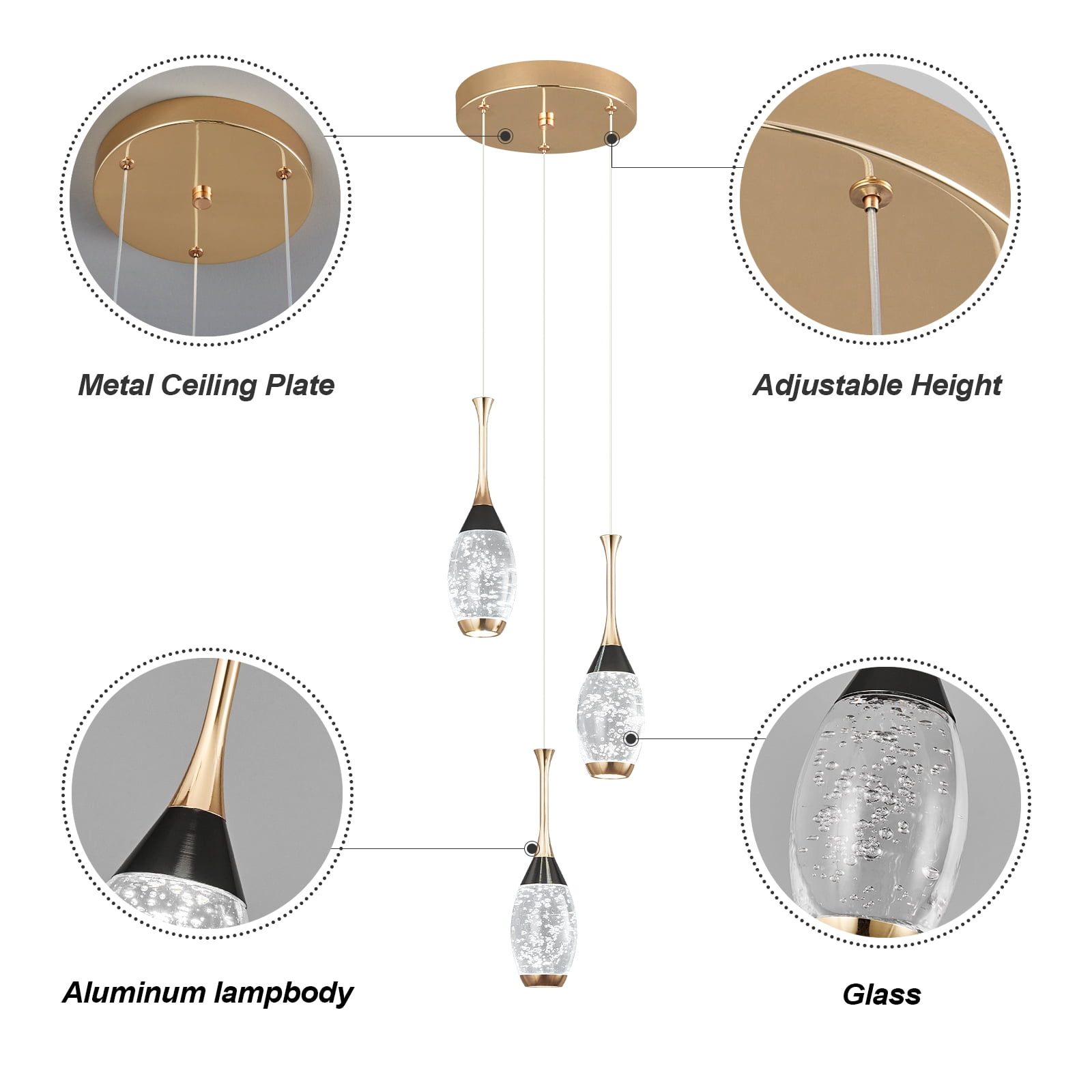 Modern Crystal Pendant Light Teardrop LED Ceiling Light Fixtures Black Gold Dimmable Pendant Lighting for Bedroom Dining Room Kitchen Island（3 Light）