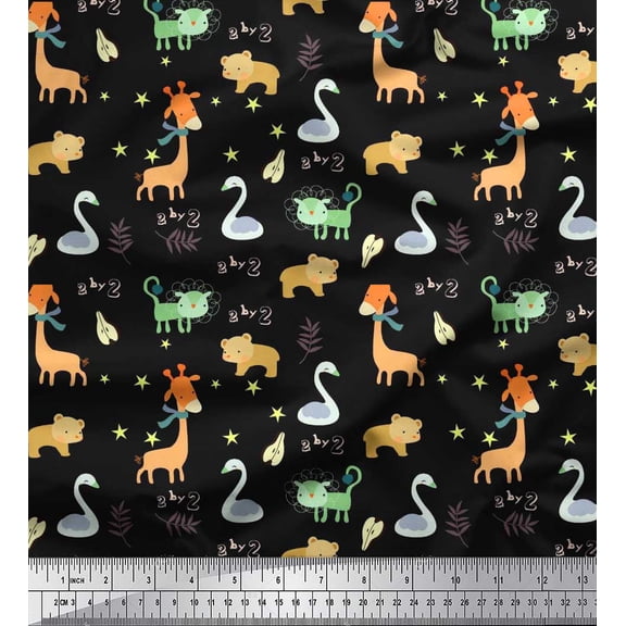 Soimoi Black Cotton Duck Fabric Leaves,Star & Cute Animals Kids Print Sewing Fabric Yard 42 Inch Wide