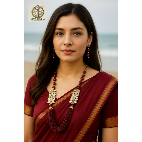 Handcrafted Maroon Beaded Necklace Set with Kundan Floral Design and Matching Earrings – Ethnic Indian Jewelry for Women