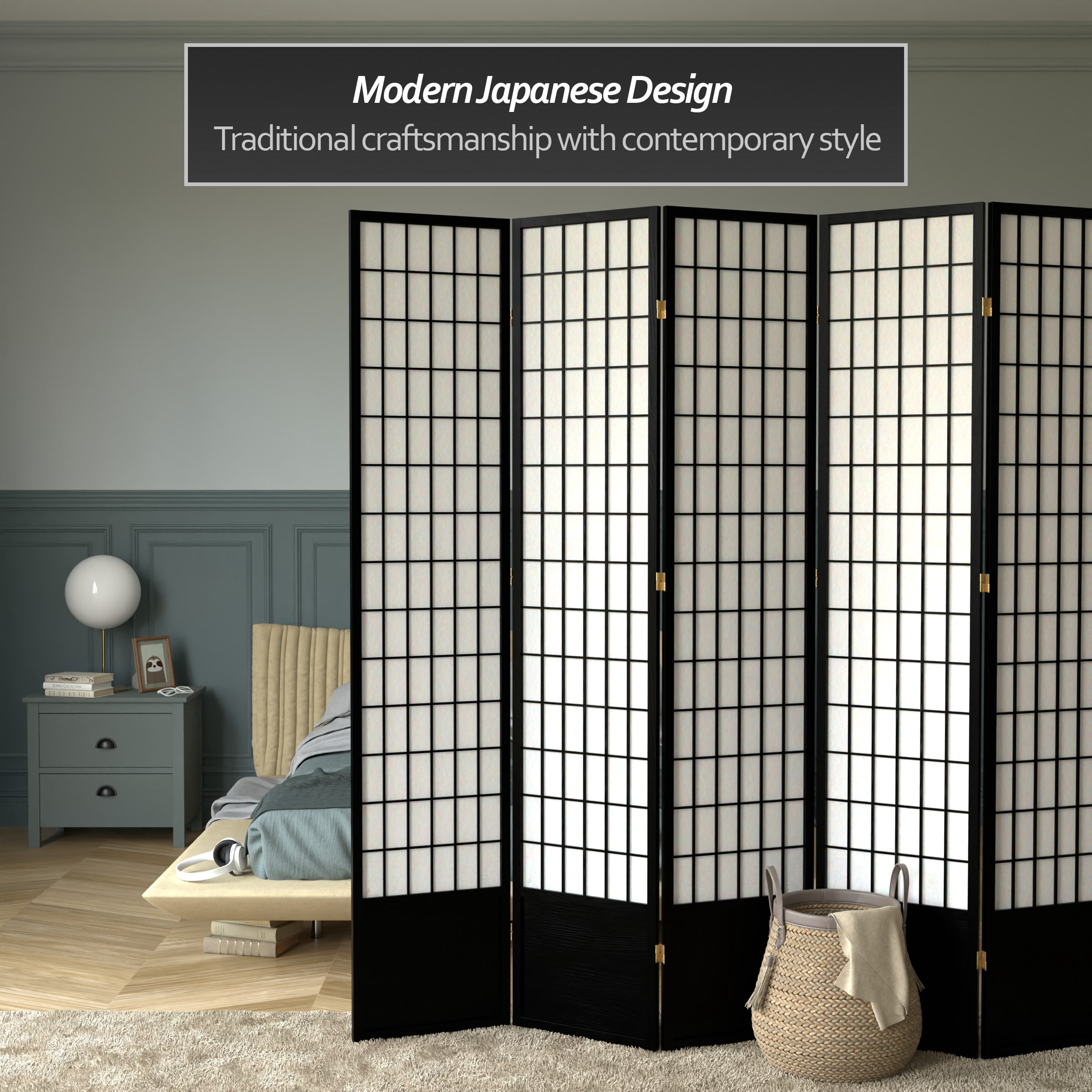 Red Lantern 7 ft. Tall Window Pane Shoji Screen - Black - 8 Panels