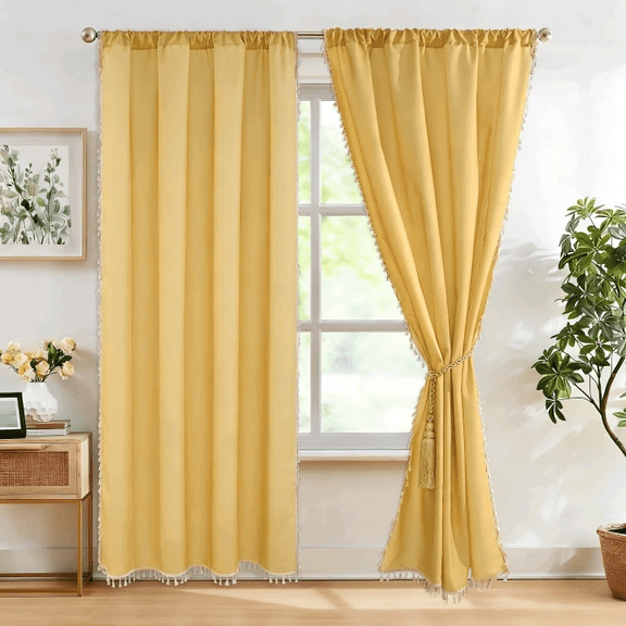Invoibler Boho Curtains with Tassels,60-65% Room Darkening Curtain,Window Drapes,2 Panel,Yellow