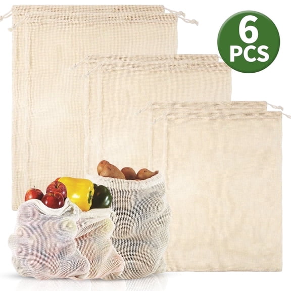Reusable Cotton Mesh Produce Bags - Cotton Vegetable Fruit Grocery Bags with Drawstrings for Grocery Shopping,Fruits & Vegetables,6 Pcs