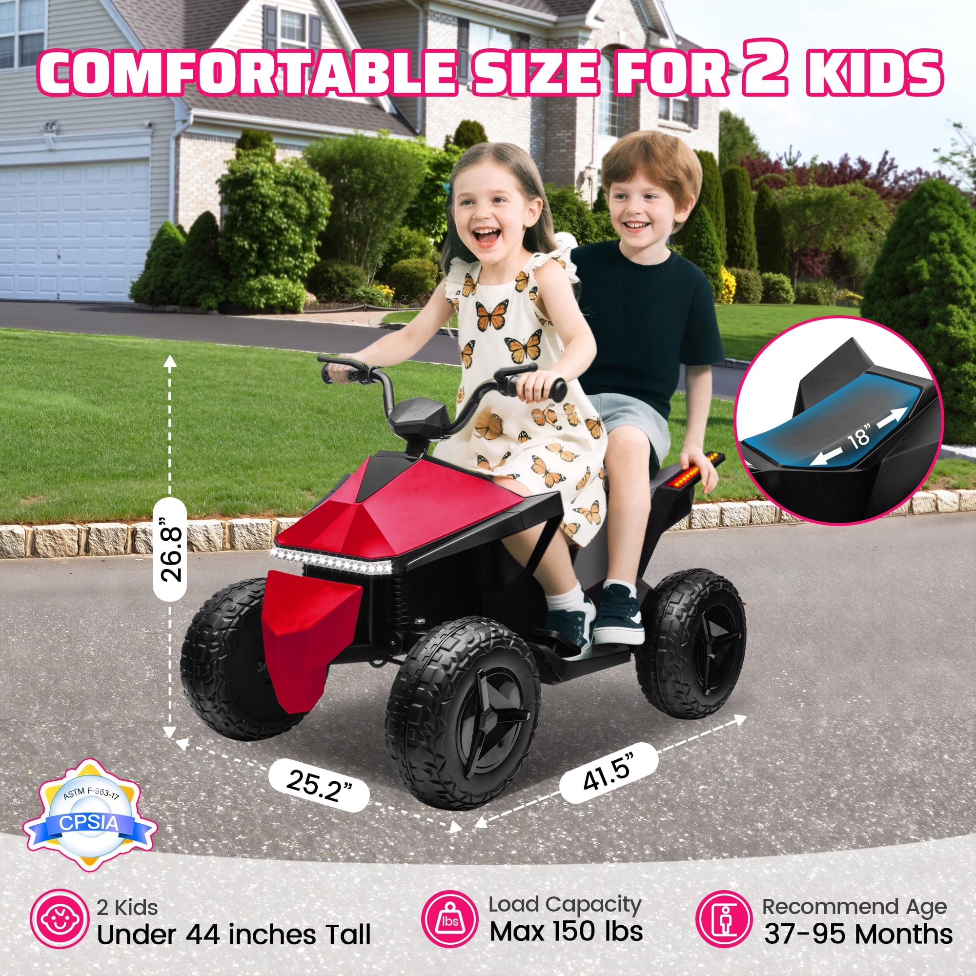 POP FRIENDS Kids ATV 24V, 4WD Ride on Toys Electric Car for Ages 3+ Toddlers Boys Girls with Remote Control, LED Headlights, Anti-Slip Tires, Bluetooth, Music Player, Pink