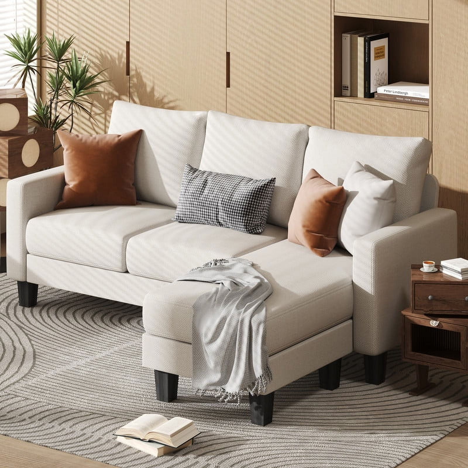 Homall Convertible Sectional Sofa Couch, Modern Linen Fabric L-Shaped Couch 3-Seat Sofa Sectional with Reversible Chaise for Small Living Room, Apartment and Small Space, White