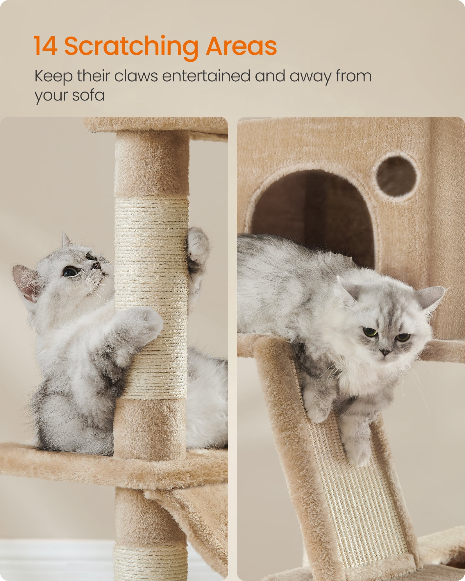 81.1"H Cat Tree Cat Tower for Indoor Cats, Plush Multi-Level Cat Condo with Scratching Posts, Perches, Caves, Hammock, Camel Brown