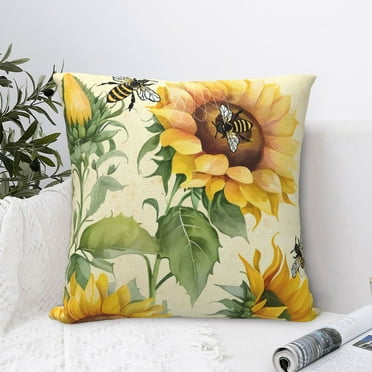 Sunflowers And Bees Throw Pillow Covers Sofa Rustic Home Decor For Living Room Bedroom Bed Cushion Outdoor 16"X16"