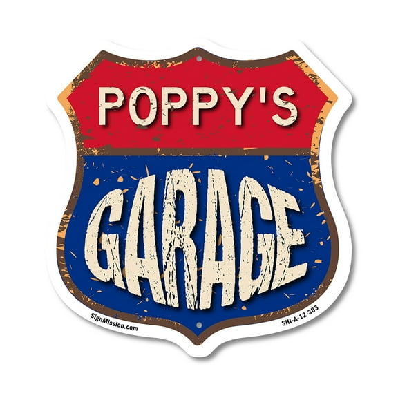 Poppy's Garage 12 inch X 12 inch Shield-Shaped Rust-Free Aluminum Metal Sign Weather Resistant, UV Protected To last, Gift for Dads and Uncles Classic Americana Crafted in the USA