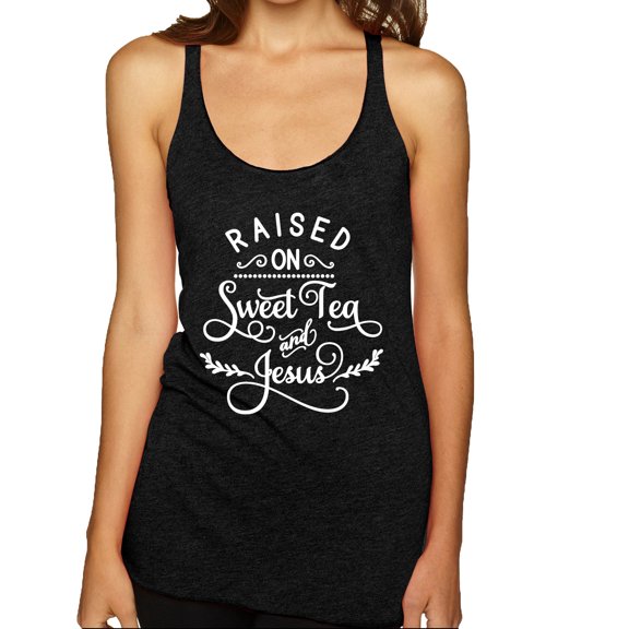 Wild Bobby Raised on Sweet Tea and Jesus Inspirational/Christian Women Tri-Blend Racerback Tank Top, Vintage Black, Small