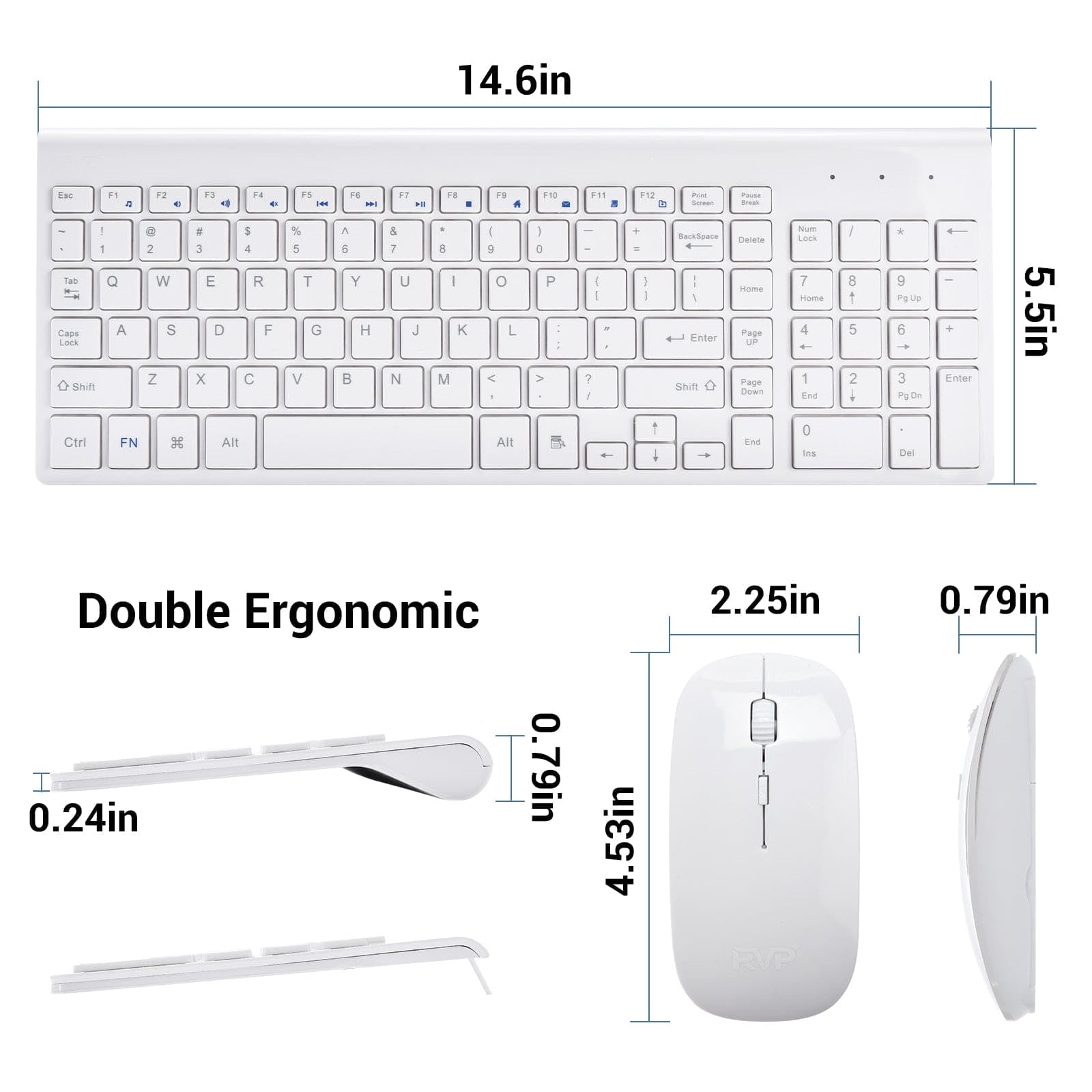 RVP+ Wireless Keyboard and Mouse Ultra Slim Combo, 2.4GHz Cordless USB Mouse and Keyboard PC Laptop Computer - White (RVP-KM100-W)