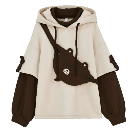 Aellinatey Women Long Sleeve Hoodies with Detachable Bear Bag Harajuku Fake 2Pcs Colorblock Sweatshirt Oversized Pullover Top