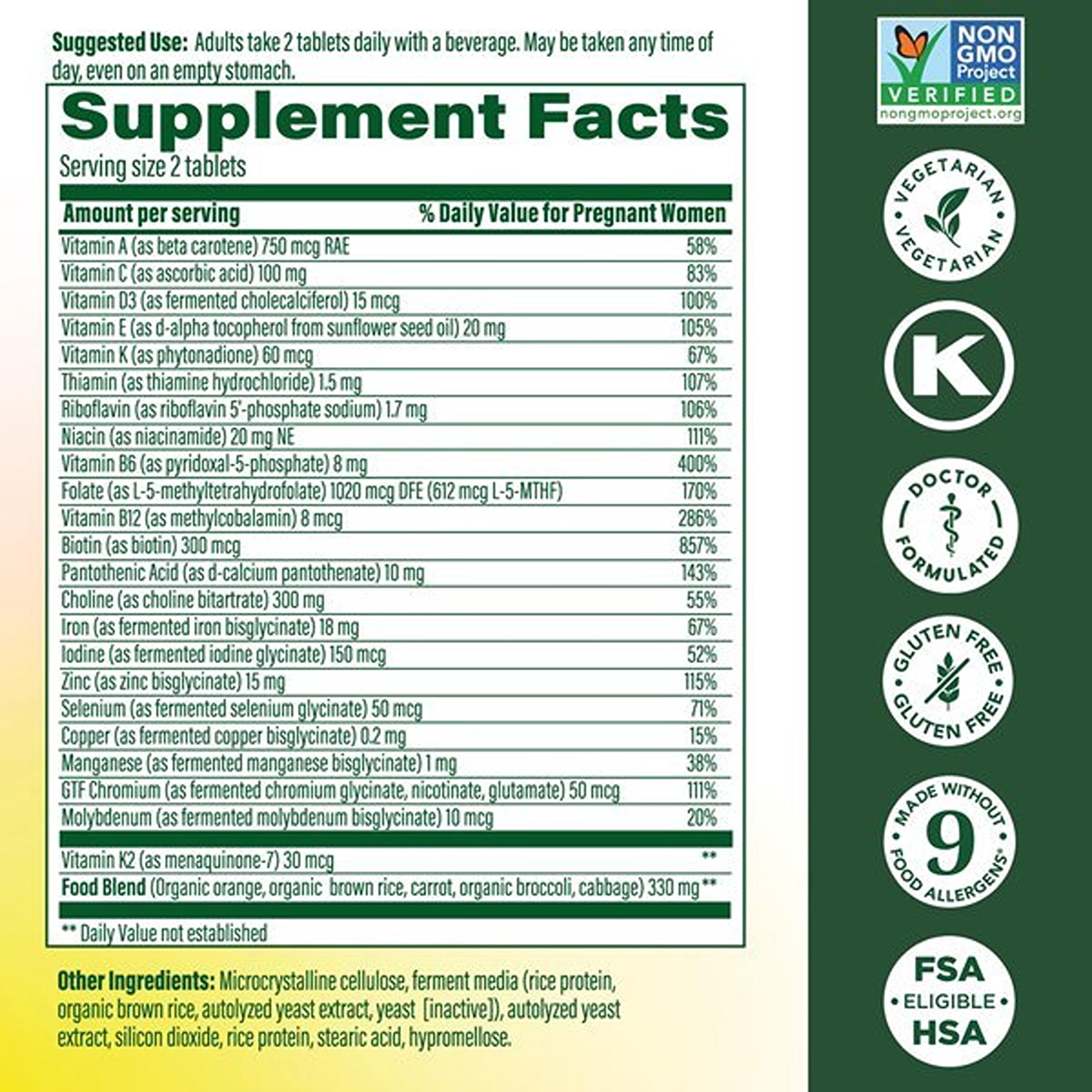 MegaFood Baby & Me 2 Prenatal Multi - Folate, Choline, Iron, Vitamins C & D3 - 30 Servings