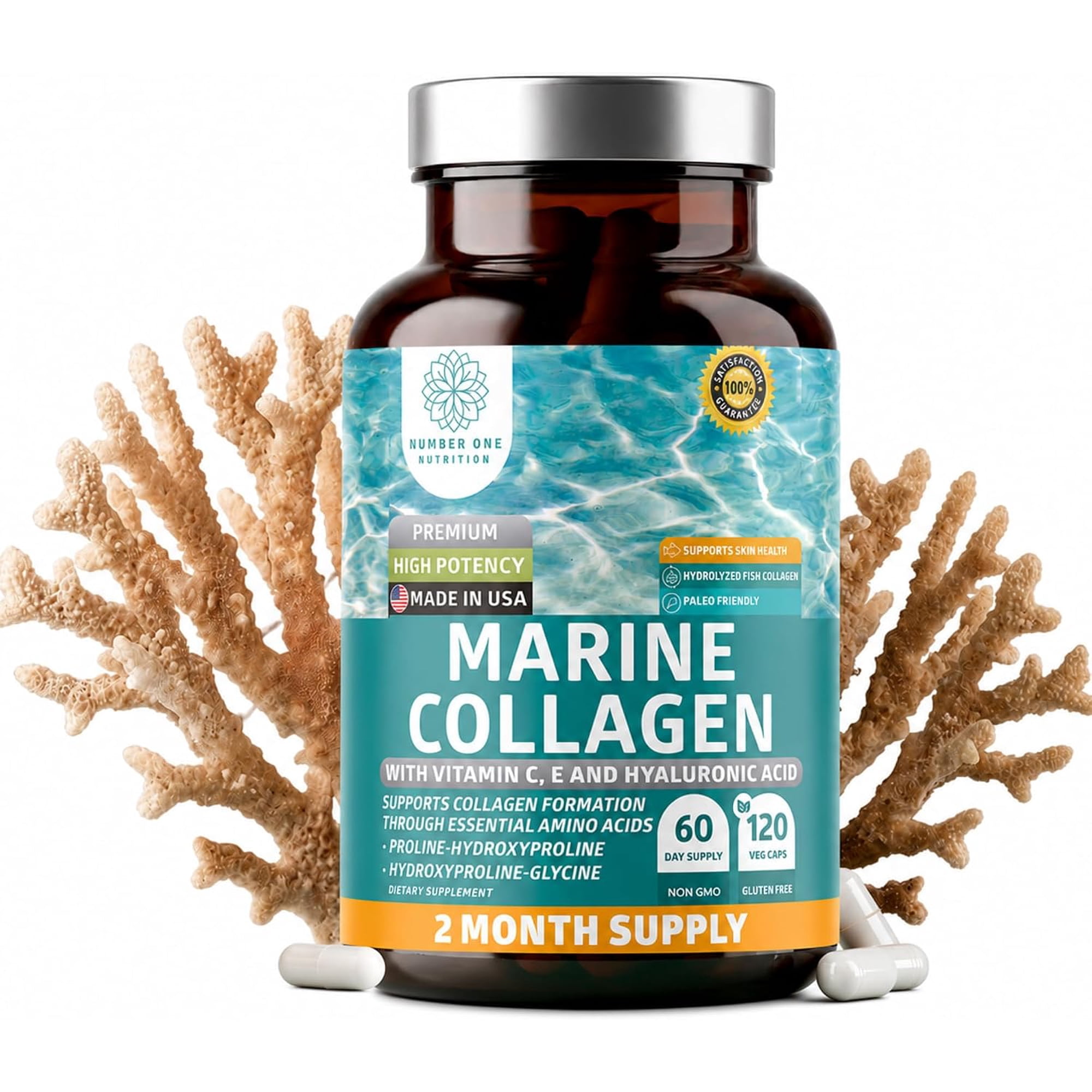 Hydrolyzed Marine Collagen with Hyaluronic Acid, Vitamin C, Theaflavin and Copper, Collagen Supplement for Women and Men for Radiant Skin, Hair & Nails, Gluten Free and Non-GMO, 120 Veg Caps