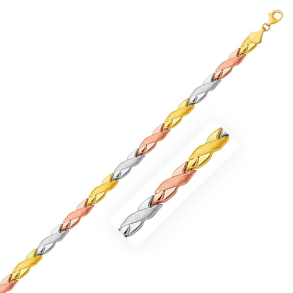 14k Tri-Color Gold Shiny and Textured X Link Bracelet 7.25 in