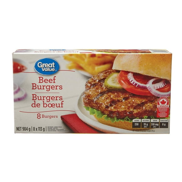 Great Value Frozen Beef Burgers, 8x113g, 904g