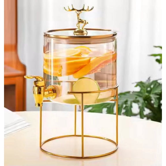 Glass Beverage Dispenser with Gold Stand, 2.6L Drink Dispenser with Spigot for Lemonade, Iced Tea, Juice, Water, Parties, Weddings and Events
