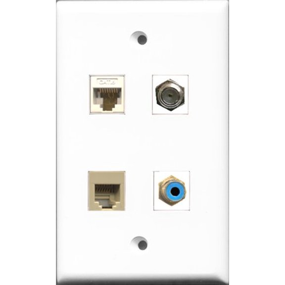RiteAV 1 Port RCA Blue and 1 Port Coax Cable TV- F-Type and 1 Port Phone RJ11 RJ12 Beige and 1 Port Cat6 Ethernet White Wall Plate