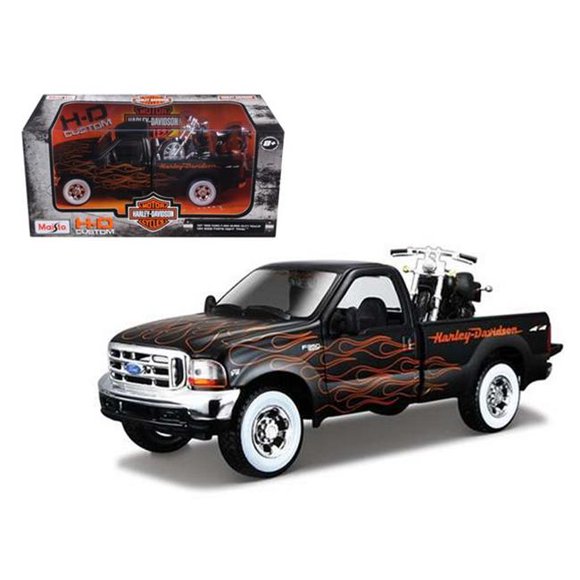 Maisto  1999 Ford F-350 Super Duty Pickup Truck 1-27 Black with Flames & 2002 FLSTB Night Train Harley Davidson 1-24