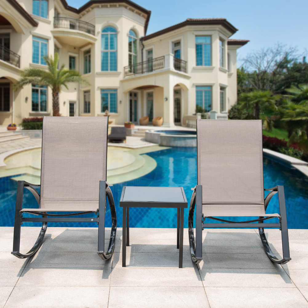 Sundale Outdoor 3pcs Bistro Set Rocking Lounger Patio Garden Pool 2 Chairs With Glass Table Set Patio Lawn Garden Bistro Sets