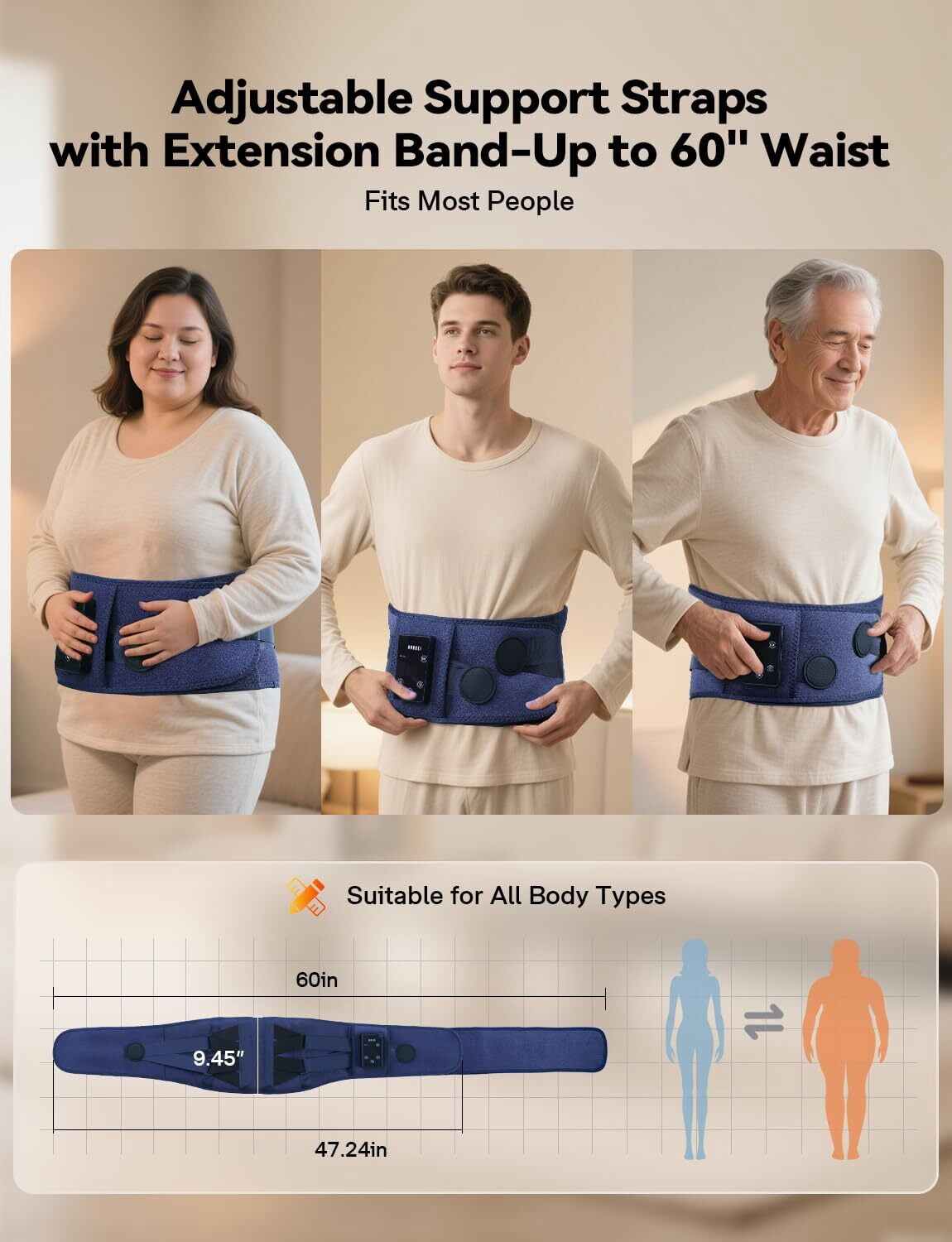 BURRKI Cordless Heating Pad for Back Pain Relief, 47-60" Lower Back Massager with 3 Heat & 3 Timer & 5 Vibration, Heated Back Lumbar Support Belt for Cramps, Gift for Men & Women