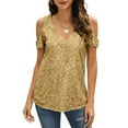 thumbnail image 4 of Ayfxijin Fall Tops for Women,Women's Off-the-Shoulder Short Sleeve V-neck Solid Color, 4 of 9