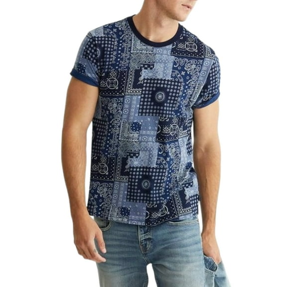 Lucky Brand Men's Soft Cotton Tee Indigo Bandana Print T-Shirt-Blue / S