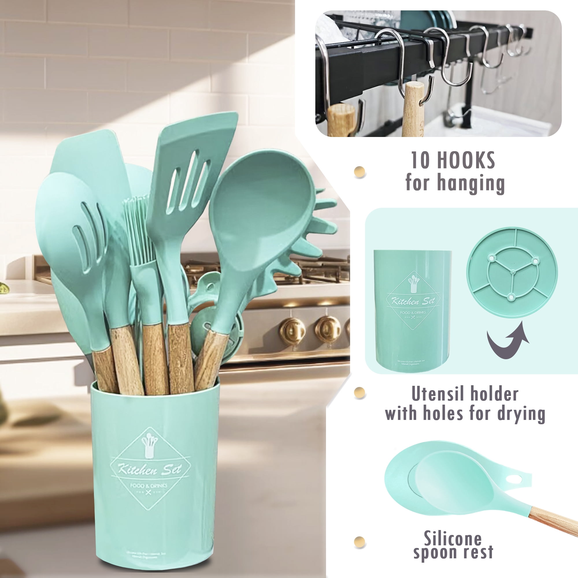 VIVAYO Kitchen Utensils Set, 32 Pcs Non-Stick Silicone Cooking Utensil Spatula Set with Holder, Wooden Handle Silicon Kitchen Set with Ladle Whisk, Tongs, Measuring Cups, Spoons,Green