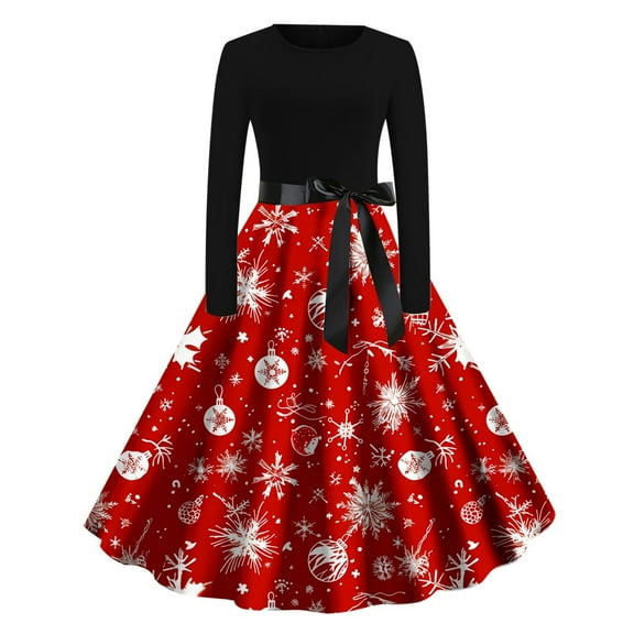 Lorytime Christmas 50s Formal Dresses for Women Snowflakes Crew Neck A Line Dress Long Sleeve Party Dresses with Belt