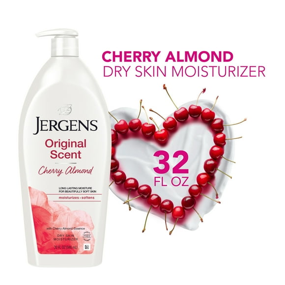 Jergens Hand and Body Lotion, Original Scent Dry Skin Moisturizing Body Lotion, Cherry Almond Essence, 32 Oz