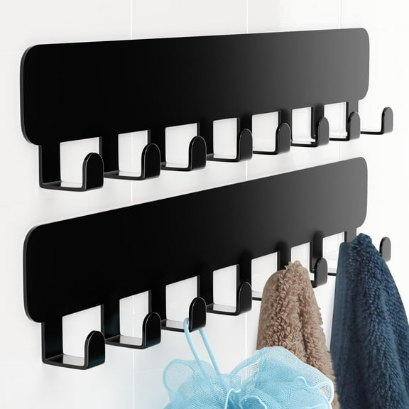 NIFFGAFF 2 Pack Heavy Duty Self Adhesive 8 Hooks, Black Key Hangers for Wall Decor No Drill for Living Room, Kitchen, Office, Stainless Steel Sticky Hooks for Hanging