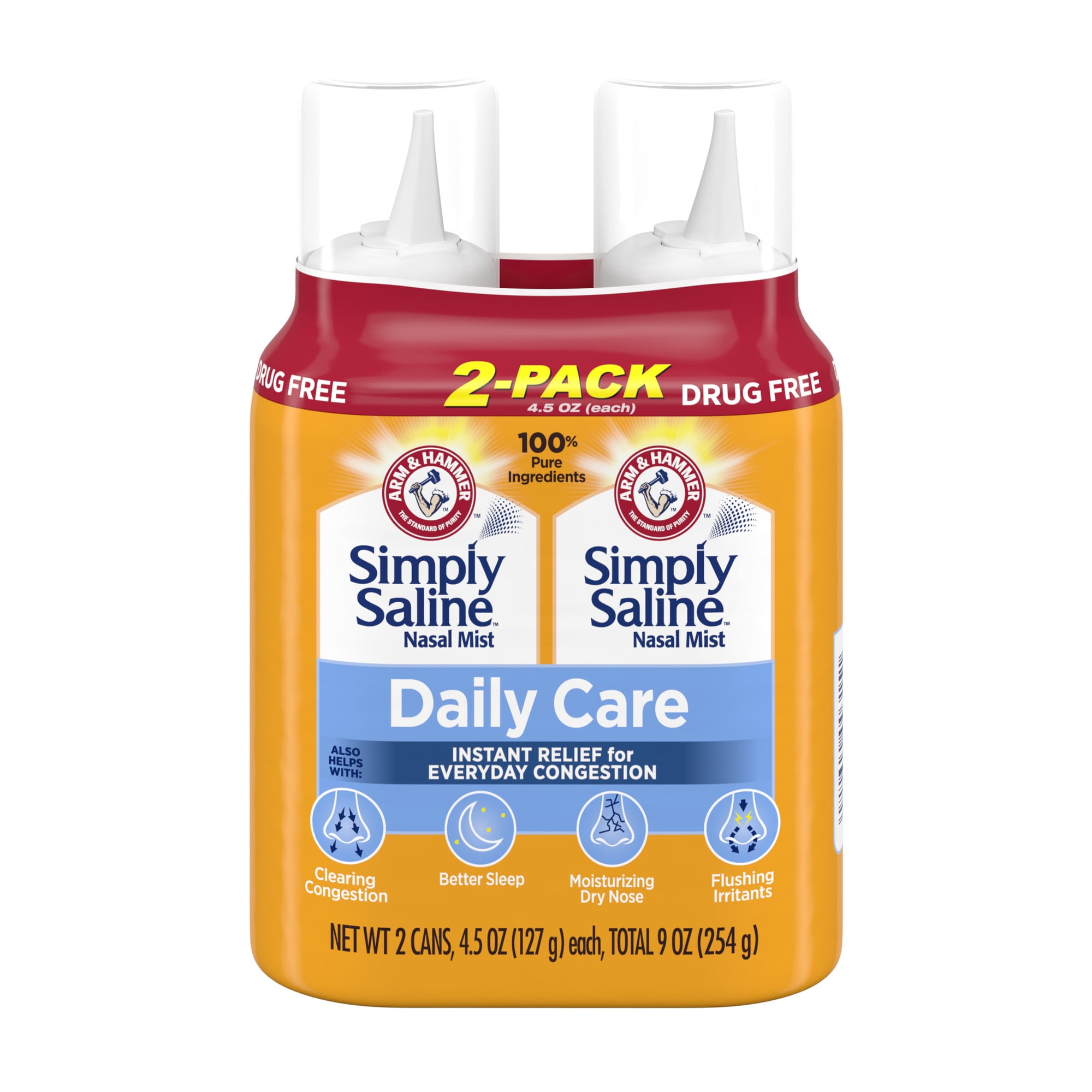 ARM & HAMMER Simply Saline Nasal Care Daily Mist Spray 4.5 oz, Instant Relief for Every Day Congestion, 2 pack, 9.0 oz