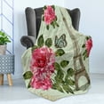 thumbnail image 4 of Paris Soft Flannel Fleece Throw Blanket, Shabby Form Romantic Roses Flowers Leaves with Eiffel Tower and Abstract Lettering, Cozy Plush for Indoor and Outdoor Use, 50" x 70", Multicolor, by Ambesonne, 4 of 5