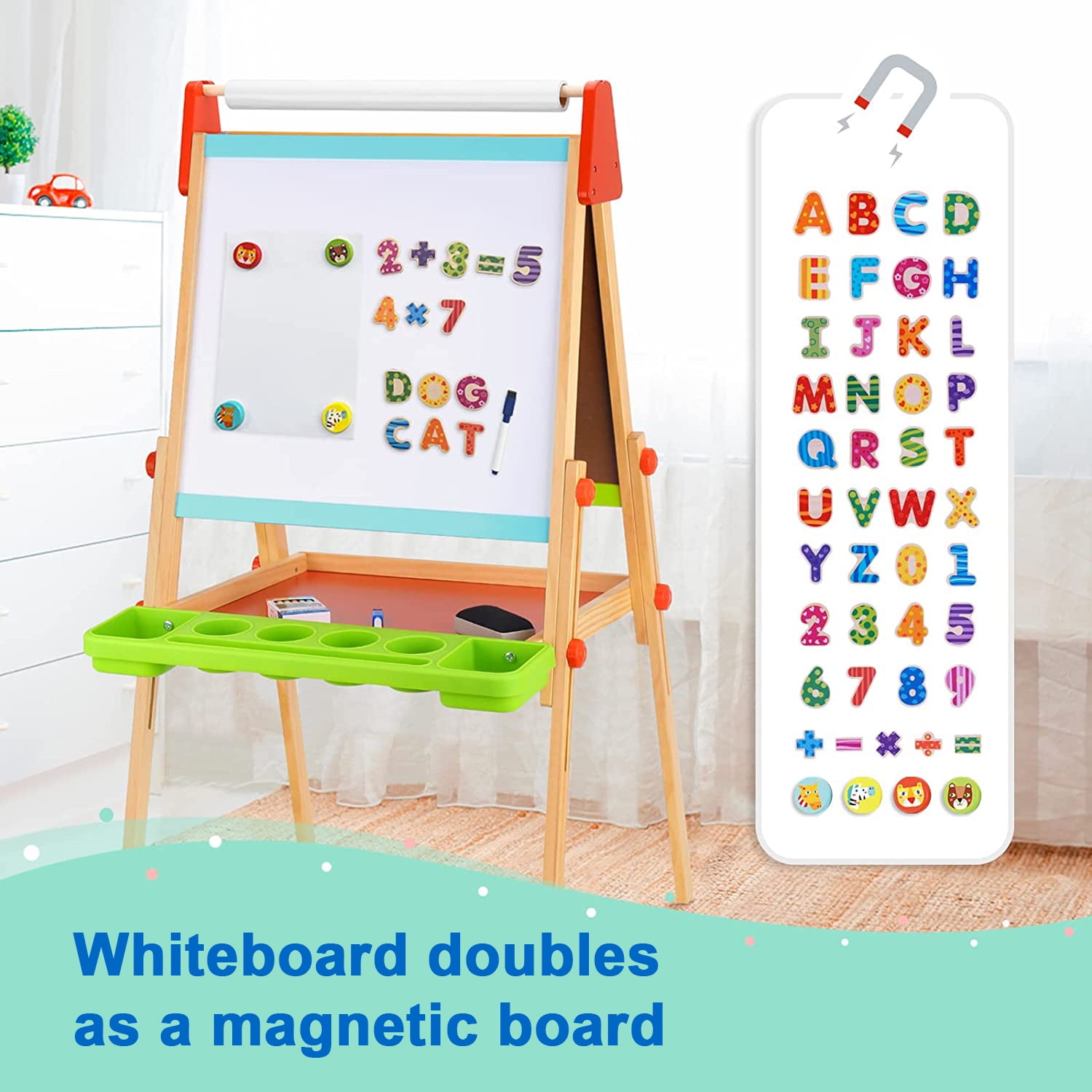 TOOKYLAND Wooden Easel for Kids - Adjustable Height Stand with Magnetic Whiteboard, Chalkboard, Paper Roll, Magnets, Drawing and Painting Accessories; Arts & Crafts Toy for 3 Year Old +