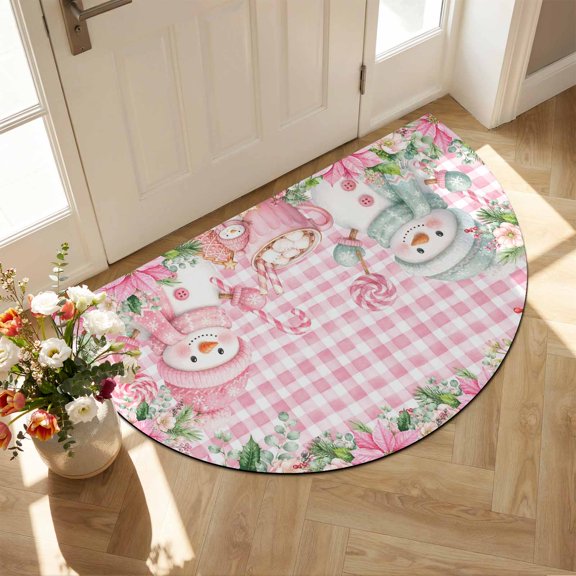 Christmas Winter Diatomaceous Earth Bath Mat, Snowman Poinsettia Candy Cane Pink Gingham Half Round Non-Slip Quick Dry Door Mat Super Absorbent Bath Rug for Bathroom Kitchen Laundry 16x24in