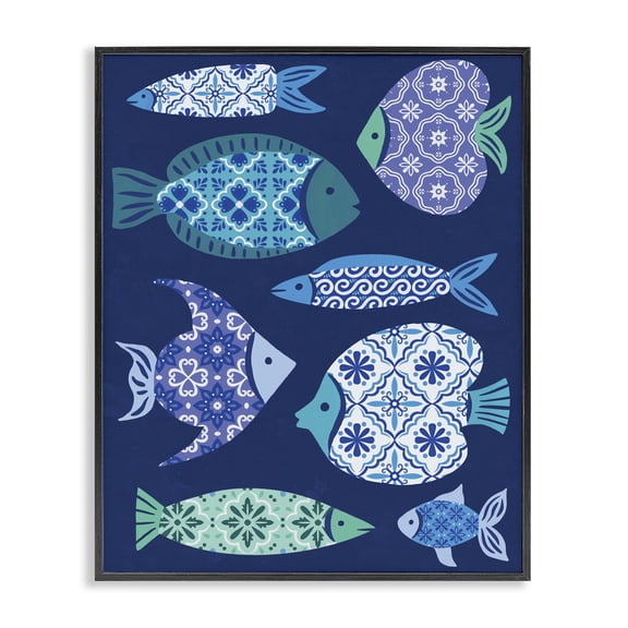 Stupell Industries Coastal Mediterranean Tiles Fish Black Framed Giclee Art, 11 x 14, by Deborah Curiel