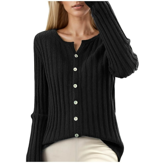 MIASHUI Cardigan en Tricot Ajusté à Col Rond pour Femme, Chandail Confortable à Manches Longues Uni et Doux pour Femme Noir, TG