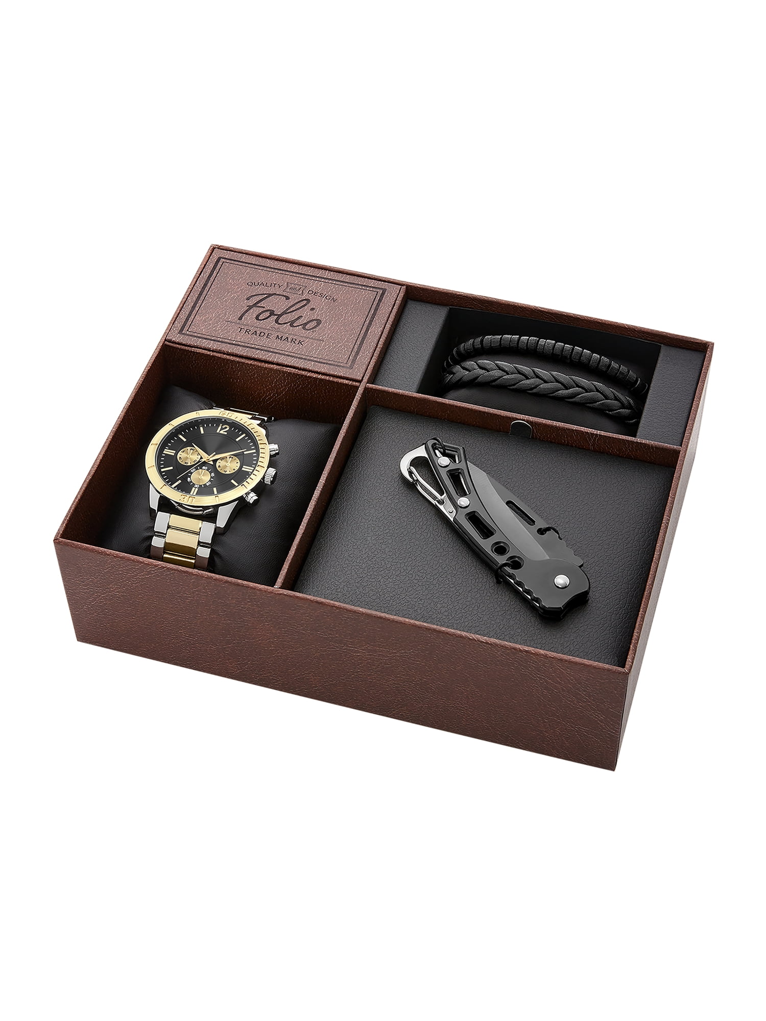 Folio Men's Two Tone Gold and Silver Analog Bracelet Watch with Layered Bracelets and Black and Silver Multi-tool Gift Set (FMDAL1161)