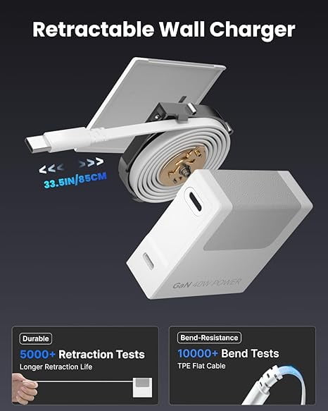 Gitryin Portable USB C Charger Block, Retractable Wall Charger, 40W PD Fast Charging Block with 33.5in Type-C Cable, Power Adapter with Foldable Plug for iPhone 16/15, Galaxy S23 22, White