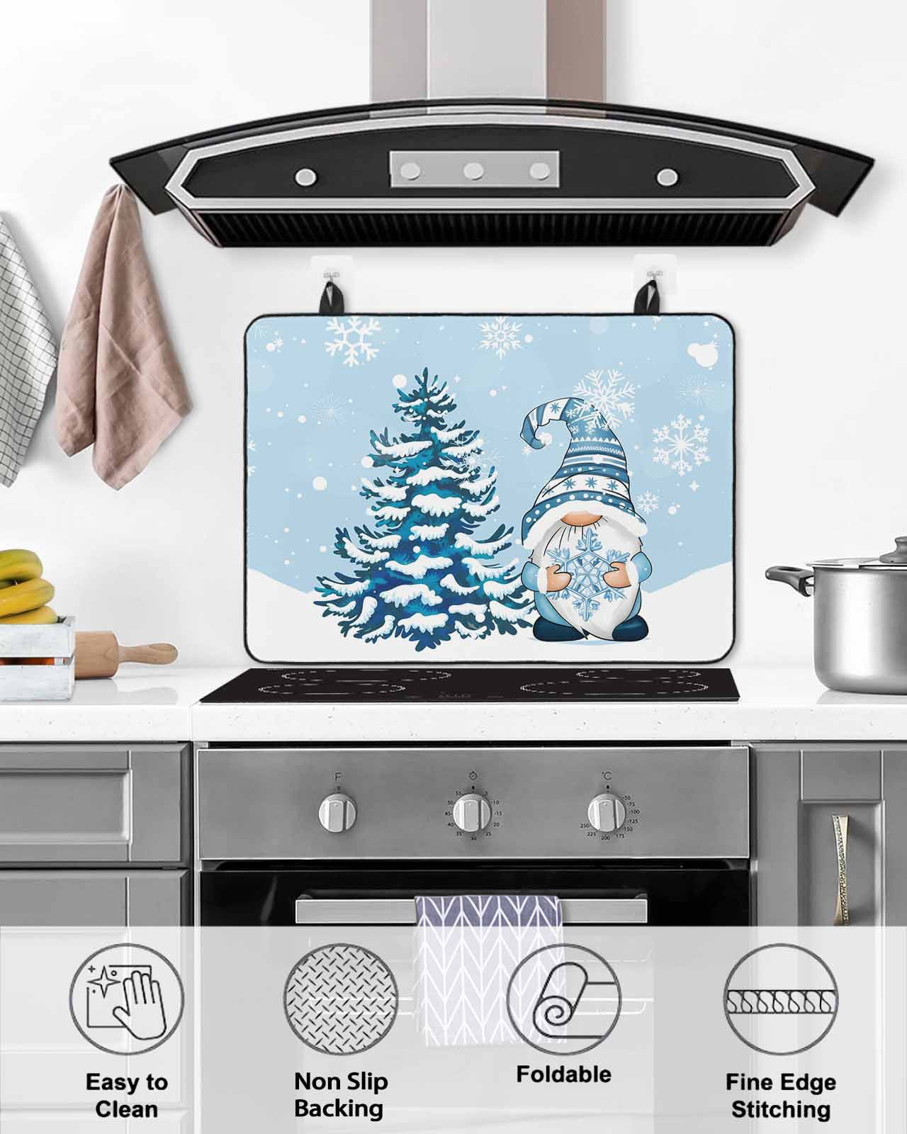 Large Induction Cooktop Protector Mat Light Blue Christmas Stove Top Covers for Electric Stove, Xmas Gnomes Snowflakes Trees Decorative Stove Burner Cover Mats, Glass Top Stove Cover